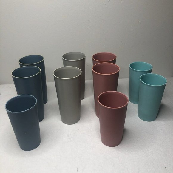 Tupperware Other - Vintage Tupperware Pink Blue Grey Cups Set 10 Plastic Glasses 6.5" & 5.5"